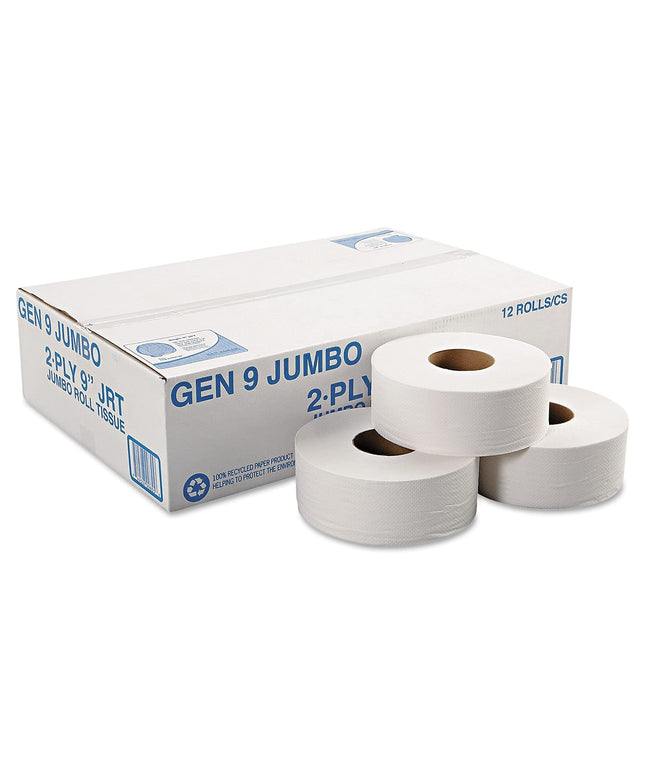 General Supply Jumbo Roll Bath Tissue 2‑Ply White, 9″ Diameter, 12/Case